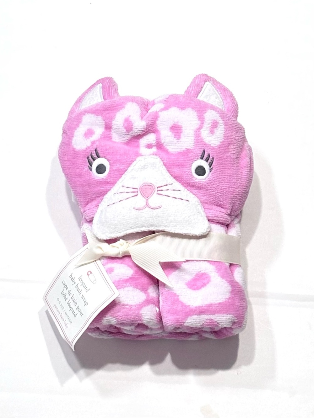 NEW Pottery Barn Pink White Leopard Cat Hooded Baby Bath Towel Wrap